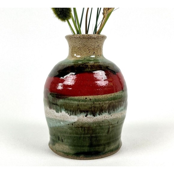 Studio Art Pottery Vase 5.5" Tall Fat Lava-Style Glaze Red/Green/Brown Signed - Picture 3 of 8